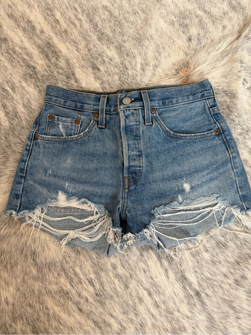 Levi's Light Blue Distressed High-Rise Denim Shorts 501